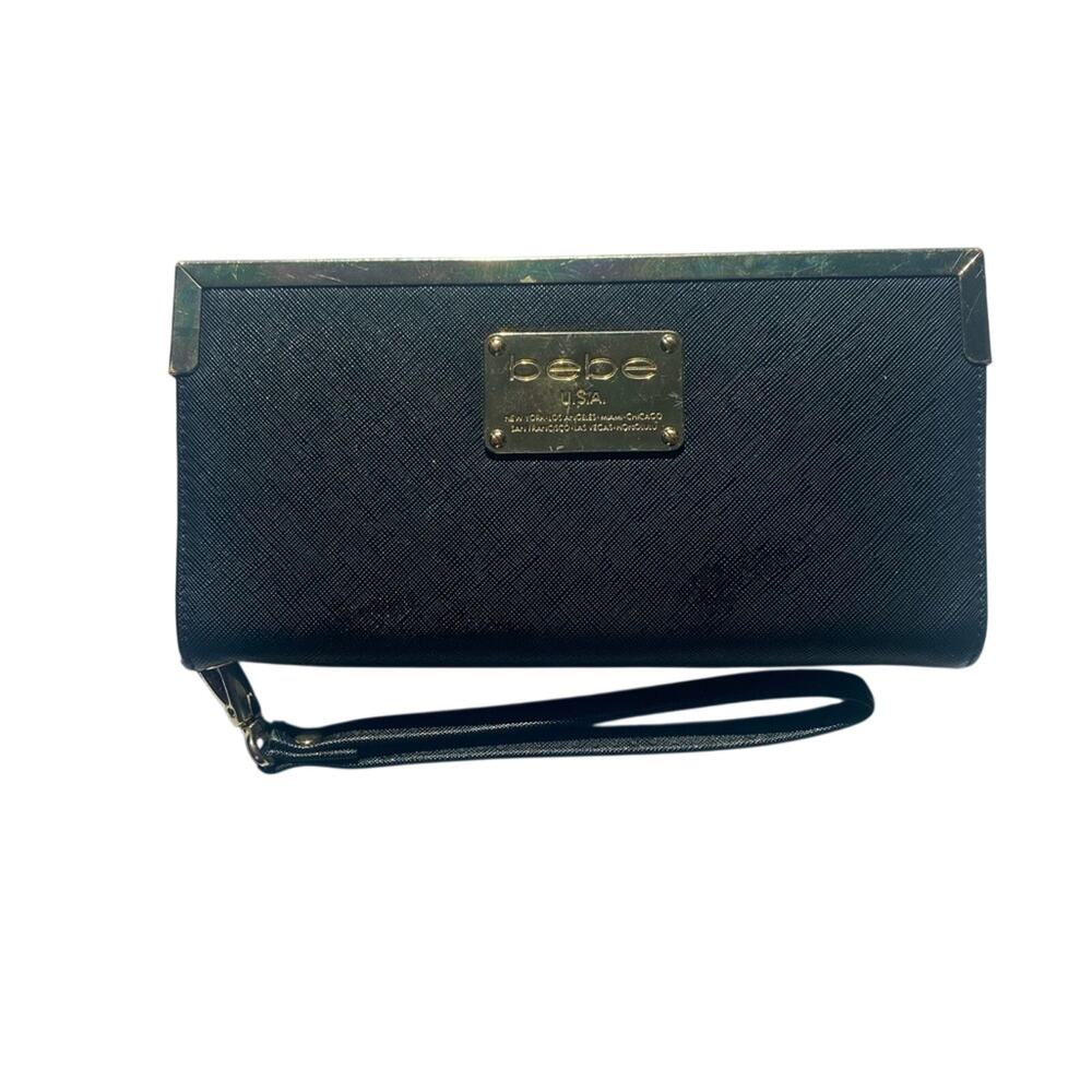 Bebe Black Wristlet with Gold Details